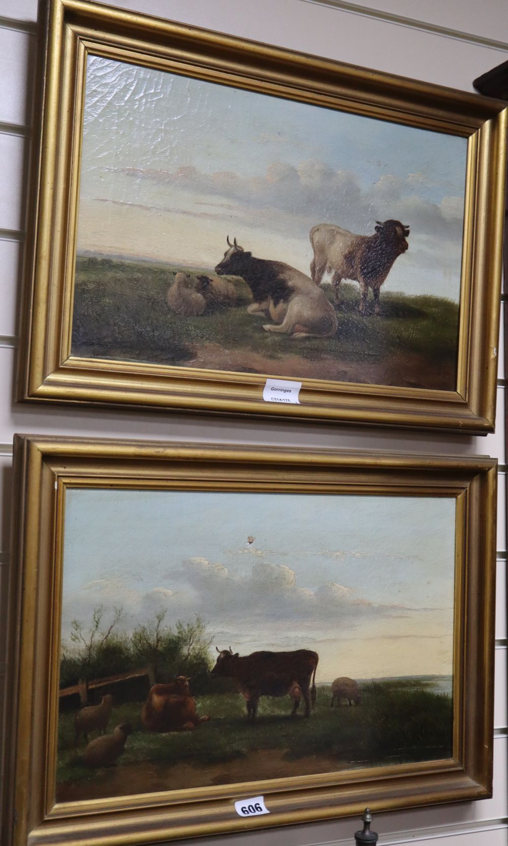 J. Coruch, pair of oils on canvas, Sheep and cattle in pasture, signed, 28 x 44cm